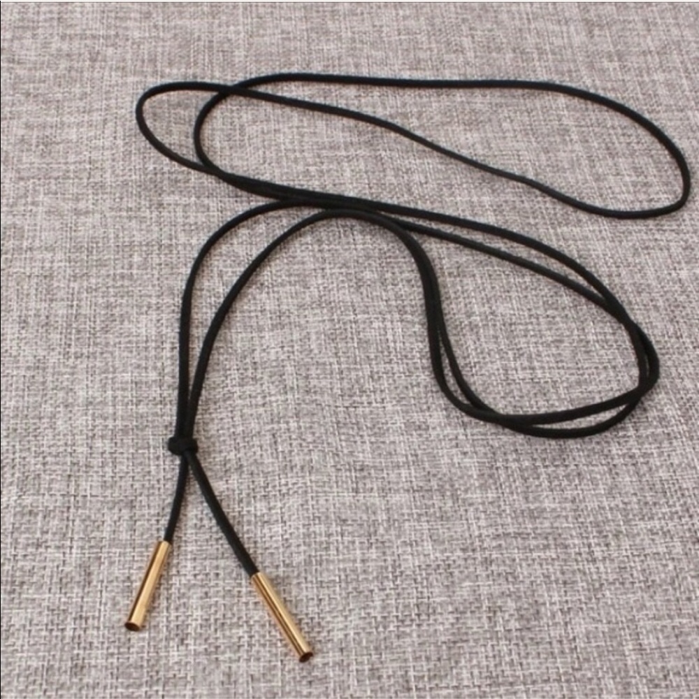 Long Black Rope Necklace w/ Gold Detail - Picture 2 of 4